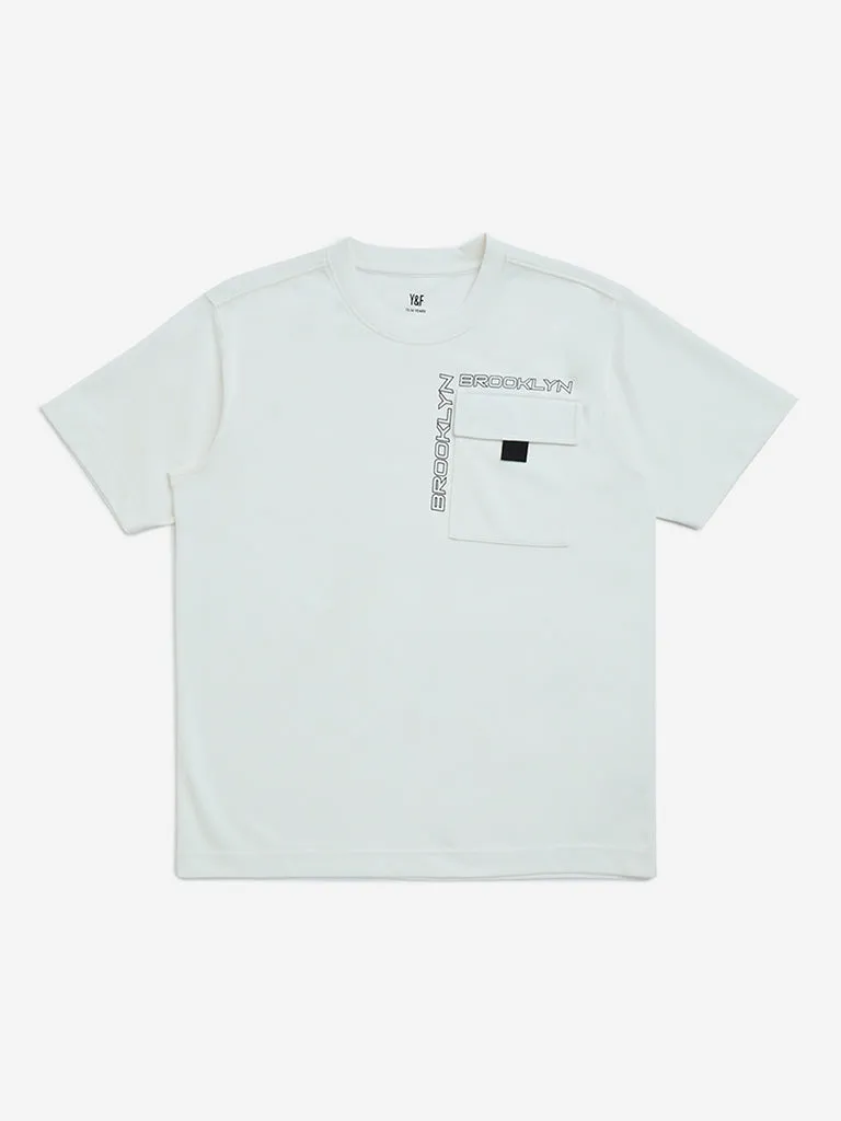 Y&F Kids White Text Design Relaxed-Fit Cotton-Blend T-Shirt